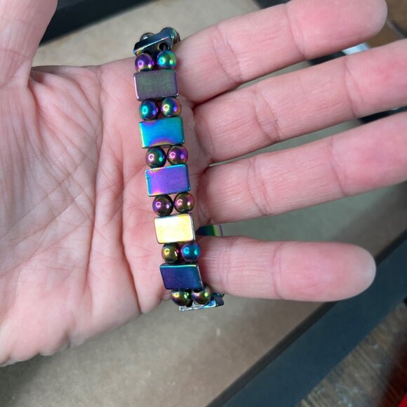 Black & Rainbow Hematite Beaded Stretch Bracelet Unisex 8" - Picture 6 of 6